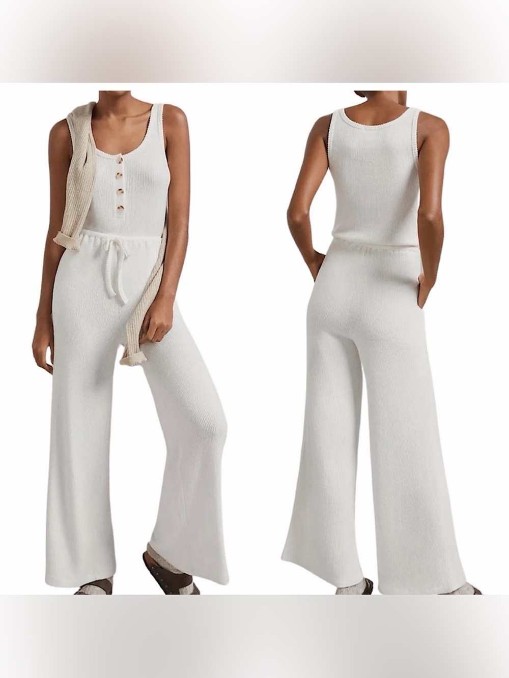L*Space Head In The Clouds Soft Ribbed Knit Wide Leg Pull On Jumpsuit Cream